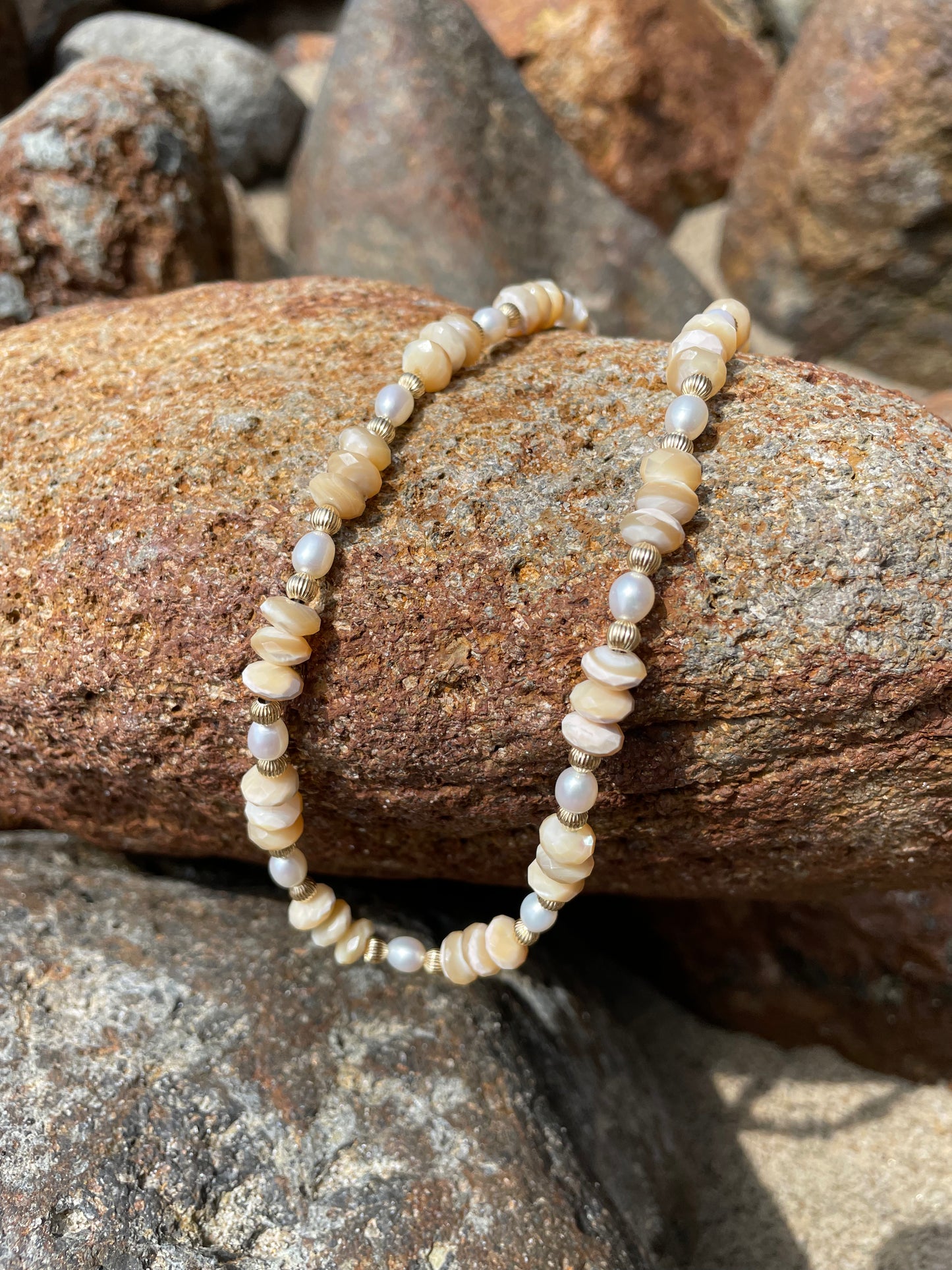 Mother of Pearl, Pearl & Gold Bead Necklace