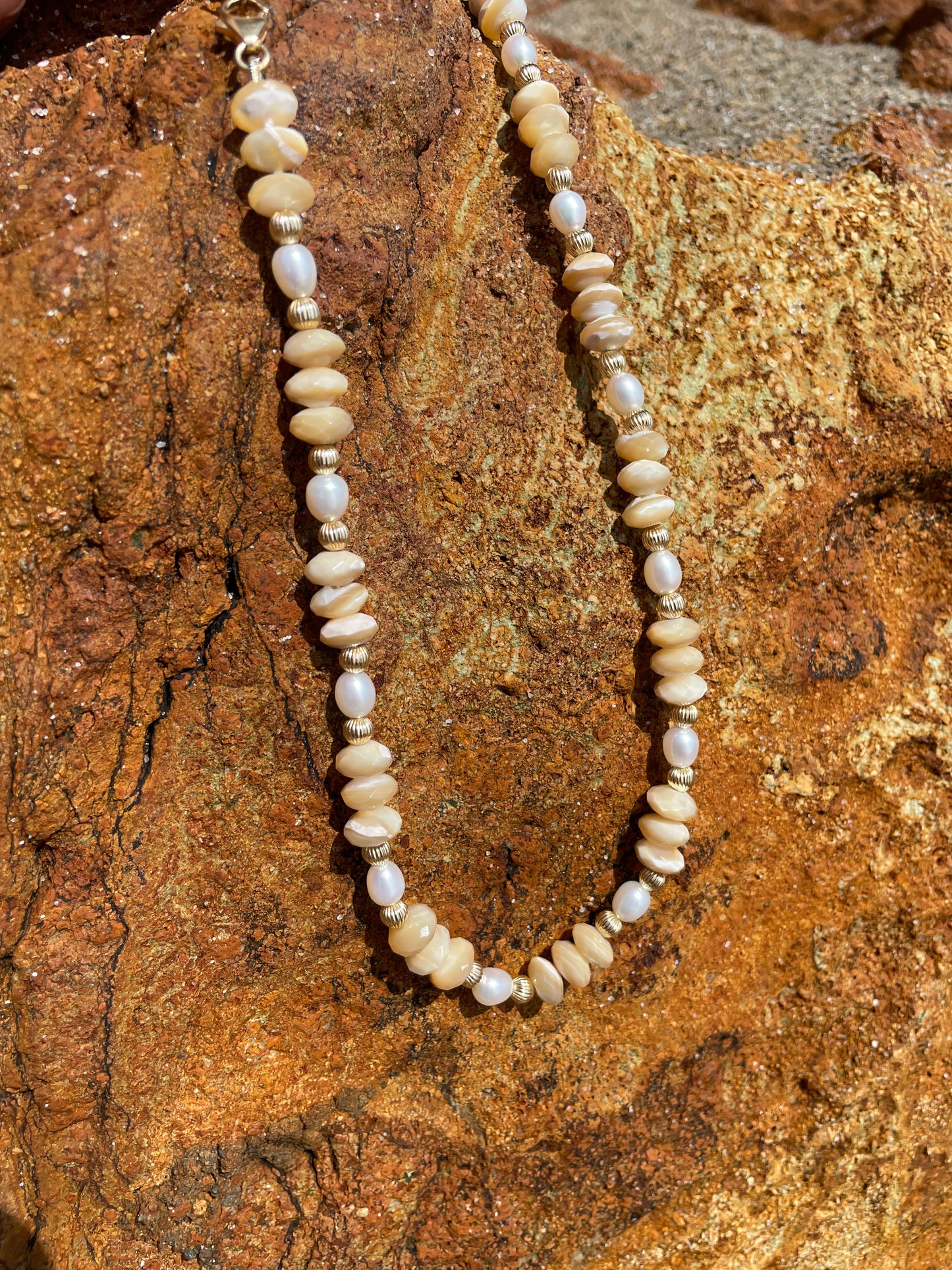 Mother of Pearl, Pearl & Gold Bead Necklace