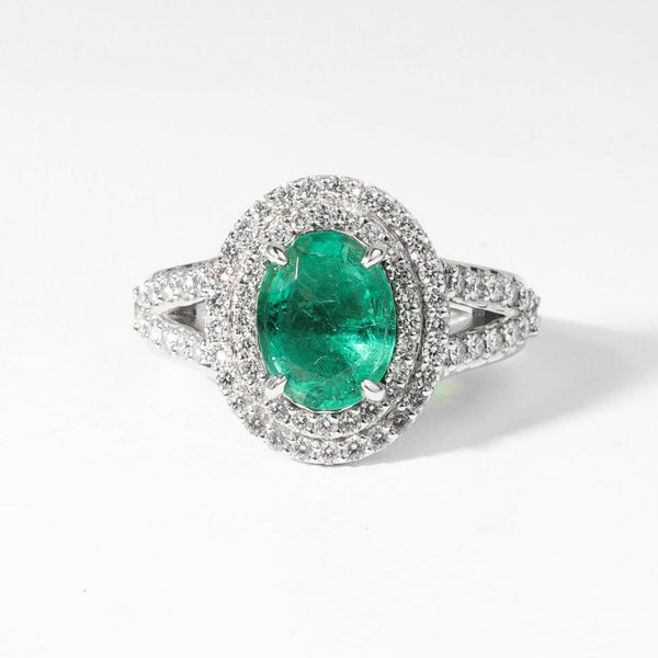 Oval Emerald & Diamond Double Halo Ring 18K White Gold